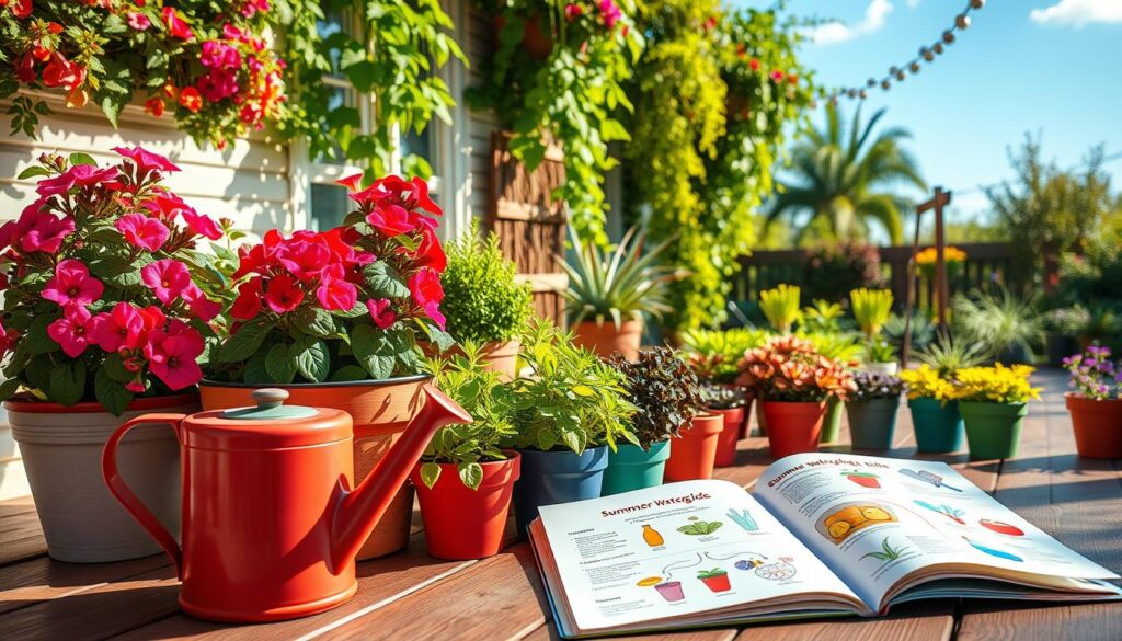 A beautifully arranged outdoor scene featuring a variety of potted plants in vibrant summer colors, such as blooming geraniums, lush ferns, and aromatic herbs. In the foreground, a dedicated watering can sits next to an open notebook detailing a summer watering guide with colorful illustrations. The middle ground showcases neatly organized potted plants on a wooden deck, gleaming in bright, soft sunlight. The background reveals a tranquil garden setting, with cascading green vines and a clear blue sky enhancing the cheerful atmosphere. Capture the essence of a serene, inviting space perfect for vacation preparation, with emphasis on natural light and a warm, relaxing mood. Use a slightly elevated angle to provide a comprehensive view, ensuring that no text or markings are present.