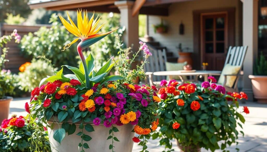 A beautifully arranged patio scene featuring a "thriller, filler, spiller" planter. In the foreground, a tall, vibrant thriller plant like a tropical bird of paradise stands proud, surrounded by lush filler plants such as colorful petunias and marigolds. Cascading down the sides, cheerful spiller plants like ivy and straggling lobelia add a playful touch. The setting is bathed in soft, natural sunlight, highlighting the rich colors and textures of the plants, and creating gentle shadows that enhance depth. In the background, a cozy patio with rustic wooden furniture and a serene garden ambiance completes the scene. The mood is fresh, inviting, and stylish, perfect for a designer patio. A beautifully arranged patio scene featuring a "thriller, filler, spiller" planter. In the foreground, a tall, vibrant thriller plant like a tropical bird of paradise stands proud, surrounded by lush filler plants such as colorful petunias and marigolds. Cascading down the sides, cheerful spiller plants like ivy and straggling lobelia add a playful touch. The setting is bathed in soft, natural sunlight, highlighting the rich colors and textures of the plants, and creating gentle shadows that enhance depth. In the background, a cozy patio with rustic wooden furniture and a serene garden ambiance completes the scene. The mood is fresh, inviting, and stylish, perfect for a designer patio.