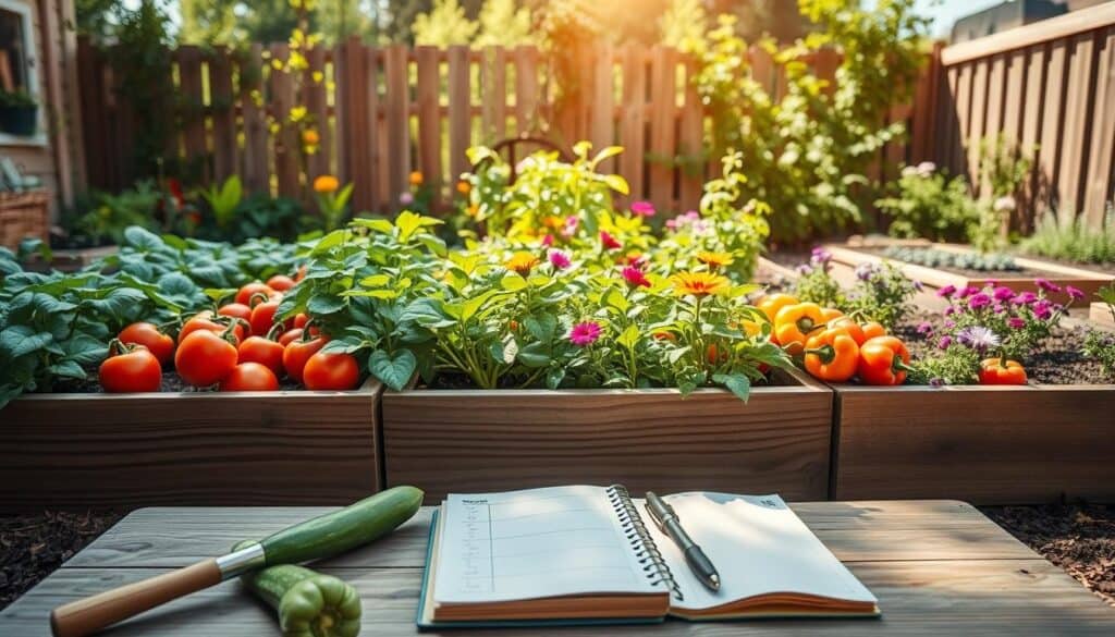 A beautifully arranged raised bed garden in a cozy backyard setting, showcasing various vegetables like tomatoes, cucumbers, and bell peppers thriving in neat wooden frames. In the foreground, there are gardening tools like a trowel and gloves beside a small notebook filled with garden planning notes. The middle ground features vivid plants surrounded by vibrant flowers, all bathed in bright natural light and soft sunlight creating an inviting warmth. In the background, a charming wooden fence and lush greenery enhance the tranquil atmosphere. The scene conveys a sense of peace and productivity, perfect for inspiring readers to plan their own vegetable gardens, photographed with a wide-angle lens from a low angle to emphasize the raised beds.