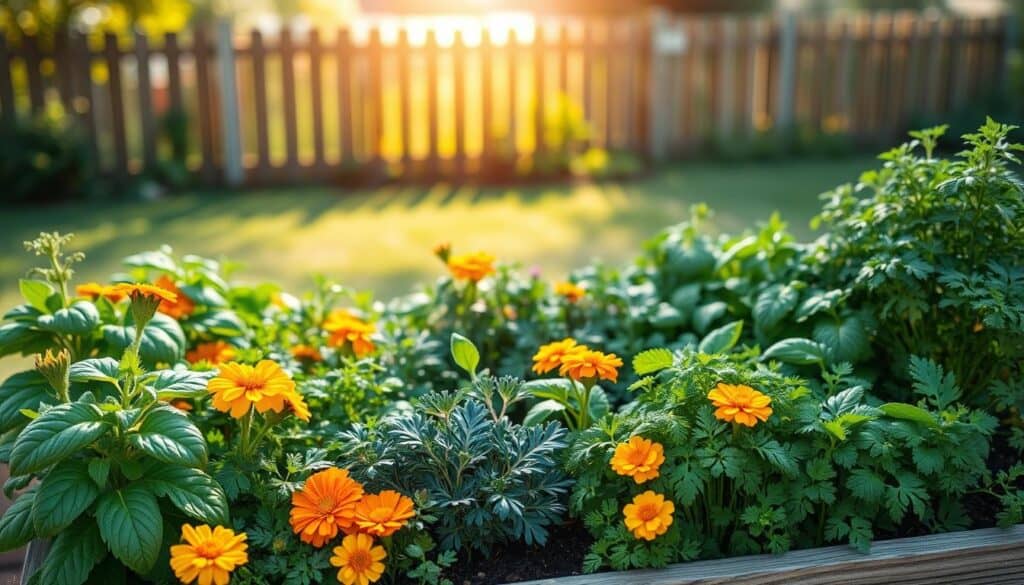 A beautifully arranged raised bed garden showcasing vibrant herbs known for their natural pest control properties. In the foreground, close-up shots of lush basil, fragrant marigolds, and robust parsley intermingle, creating a colorful tapestry of greens and yellows. In the middle, several healthy vegetable plants thrive alongside the herbs, demonstrating a harmonious ecosystem. In the background, a soft-focus landscape of a sunny backyard with wooden fencing and soft, green grass, illuminated by bright, natural sunlight filtering through delicate leaves, enhancing the atmosphere of a thriving garden space. The image conveys a sense of peace and productivity, inviting beginners to explore the wonders of companion planting. A beautifully arranged raised bed garden showcasing vibrant herbs known for their natural pest control properties. In the foreground, close-up shots of lush basil, fragrant marigolds, and robust parsley intermingle, creating a colorful tapestry of greens and yellows. In the middle, several healthy vegetable plants thrive alongside the herbs, demonstrating a harmonious ecosystem. In the background, a soft-focus landscape of a sunny backyard with wooden fencing and soft, green grass, illuminated by bright, natural sunlight filtering through delicate leaves, enhancing the atmosphere of a thriving garden space. The image conveys a sense of peace and productivity, inviting beginners to explore the wonders of companion planting.