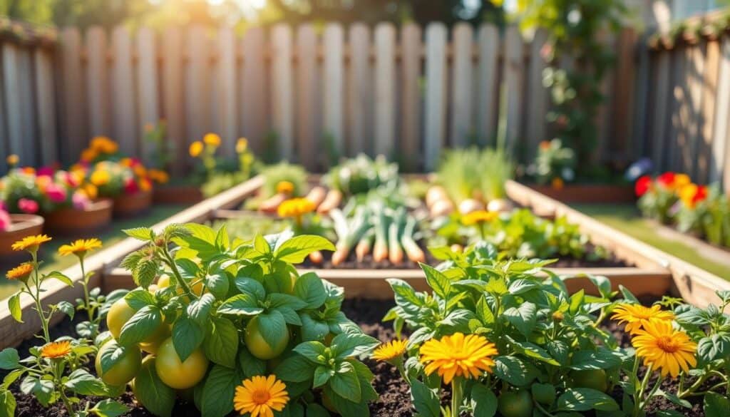 A beautifully arranged raised bed garden thriving with various companion plants, highlighting essential techniques for small spaces. In the foreground, vibrant green tomatoes and basil are planted together, with colorful marigolds adding a pop of yellow. In the middle, a neatly organized layout shows carrots and onions intermingling, emphasizing their growth synergy. The background features a soft-focus view of a sunny backyard, framed by a wooden fence and floral borders, bathed in warm, natural light. The scene conveys a sense of harmony and productivity, showcasing the beauty of gardening while emphasizing the benefits of companion planting. Use a bright, airy perspective, evoking a warm, inviting atmosphere ideal for beginner gardeners. A beautifully arranged raised bed garden thriving with various companion plants, highlighting essential techniques for small spaces. In the foreground, vibrant green tomatoes and basil are planted together, with colorful marigolds adding a pop of yellow. In the middle, a neatly organized layout shows carrots and onions intermingling, emphasizing their growth synergy. The background features a soft-focus view of a sunny backyard, framed by a wooden fence and floral borders, bathed in warm, natural light. The scene conveys a sense of harmony and productivity, showcasing the beauty of gardening while emphasizing the benefits of companion planting. Use a bright, airy perspective, evoking a warm, inviting atmosphere ideal for beginner gardeners.