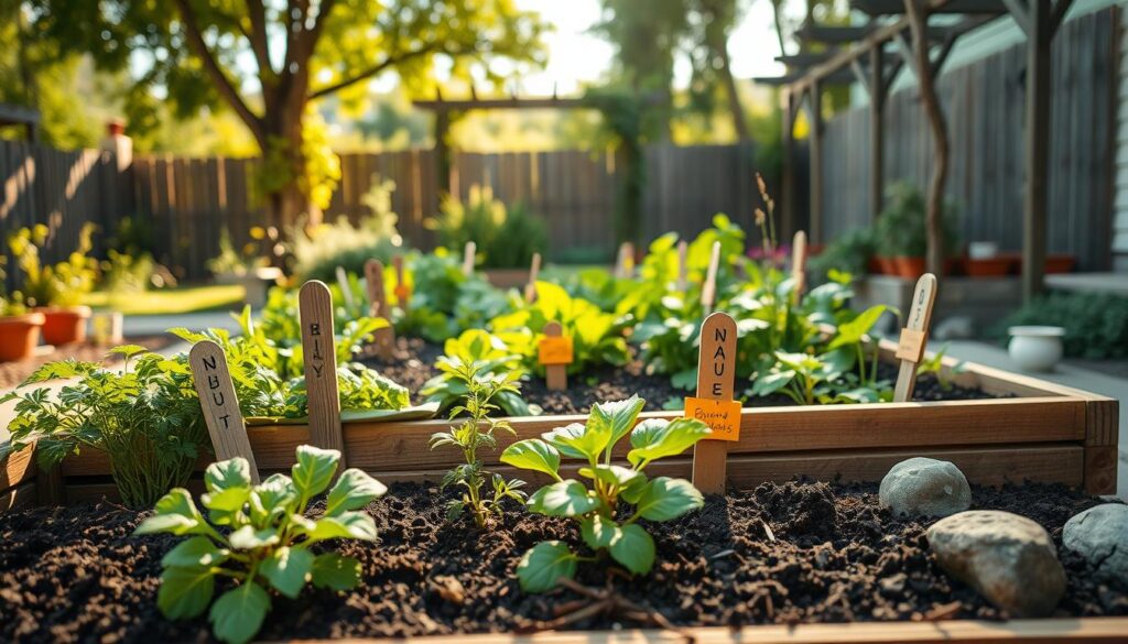 A beautifully arranged raised garden bed brimming with vibrant, healthy vegetables and herbs, showcasing an attractive wooden frame built with natural materials. In the foreground, colorful plant labels made of reclaimed wood add a rustic charm. The middle ground features rich, dark soil mixed with organic matter, emphasizing depth and texture. The background displays a sunny backyard scene with soft sunlight filtering through leafy trees, casting gentle shadows. Elements like a trellis adorned with climbing vines and decorative stones line the path to the garden bed, creating an inviting atmosphere. The image is captured with a shallow depth of field from a slight elevated angle, enhancing the focus on the lush garden while retaining a clean and airy feel throughout. The mood is serene and inspirational, ideal for gardening enthusiasts seeking harmony between aesthetics and functionality.