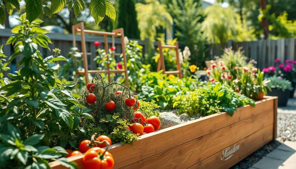 A beautifully arranged raised garden bed filled with vibrant vegetables and herbs, positioned in a sunny backyard. The foreground features a variety of plants like tomatoes, peppers, and leafy greens, showcasing their rich colors and textures. In the middle, the wooden raised bed, crafted from natural materials, highlights unique design elements such as trellises and decorative stones. The background reveals a lush, green garden with flowering plants and tall trees, creating a serene and inviting atmosphere. Soft, diffused sunlight filters through the leaves, casting gentle shadows that enhance the scene's depth. The composition is shot from a slightly elevated angle, providing a comprehensive view of this creative veggie garden design. The overall mood is one of cozy inspiration and natural beauty. A beautifully arranged raised garden bed filled with vibrant vegetables and herbs, positioned in a sunny backyard. The foreground features a variety of plants like tomatoes, peppers, and leafy greens, showcasing their rich colors and textures. In the middle, the wooden raised bed, crafted from natural materials, highlights unique design elements such as trellises and decorative stones. The background reveals a lush, green garden with flowering plants and tall trees, creating a serene and inviting atmosphere. Soft, diffused sunlight filters through the leaves, casting gentle shadows that enhance the scene's depth. The composition is shot from a slightly elevated angle, providing a comprehensive view of this creative veggie garden design. The overall mood is one of cozy inspiration and natural beauty.