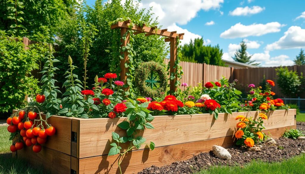 A beautifully arranged raised garden bed showcasing a variety of vibrant flowers and vegetables, set in a backyard with lush greenery. In the foreground, diverse plants like tomatoes, peppers, and colorful marigolds spill over neatly organized wooden boards, crafted with attention to detail. The middle ground features a charming trellis adorned with climbing vines, while decorative stones and mulch enhance the landscape surrounding the bed. In the background, a bright blue sky accompanied by soft white clouds illuminates the scene with natural sunlight, casting gentle shadows across the garden. The atmosphere is warm and inviting, evoking a sense of creativity and tranquility, perfect for inspiring readers to enhance their own outdoor spaces with innovative features.