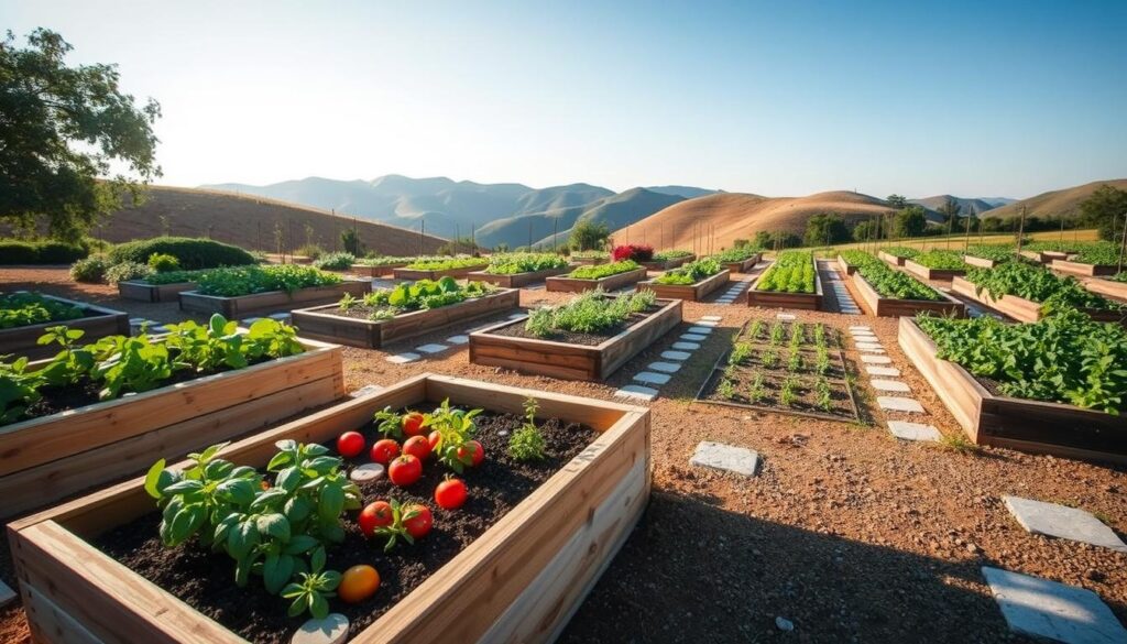 A beautifully arranged raised garden layout, featuring multiple rectangular beds filled with vibrant vegetables and herbs. In the foreground, include a well-structured wooden frame of a raised bed with rich soil and lush green plants like tomatoes, basil, and peppers. In the middle ground, showcase additional rectangular plots, each distinctly planted with a variety of vegetables, surrounded by pathways made of natural stone. In the background, gentle hills and a clear blue sky create a serene atmosphere, illuminated by soft, warm sunlight. Use a wide-angle lens to capture the expansive layout, emphasizing the organized planting design and the overall functionality of the kitchen garden. The scene should evoke a sense of tranquility and productivity.