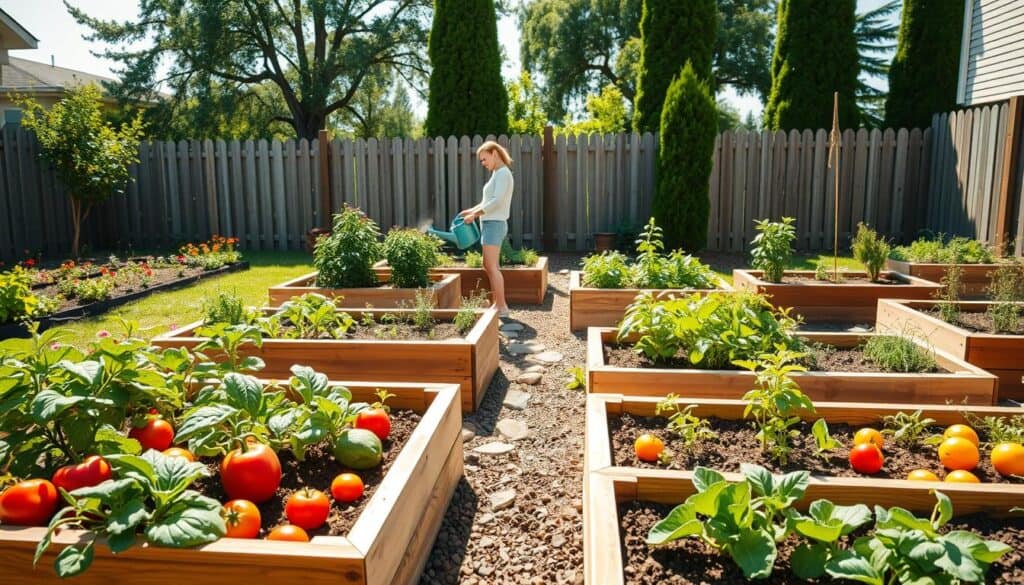 A beautifully arranged raised garden layout showcased in a sunny backyard. In the foreground, neatly constructed wooden raised beds filled with a variety of vibrant vegetables such as tomatoes, lettuce, and bell peppers. The middle ground features a gardener, dressed in light, casual clothing, tending to the plants with a watering can. Surrounding the garden, there are flower beds and small decorative stones to enhance the aesthetic. The background reveals a wooden fence and a few tall trees, casting gentle shadows in the warm, soft sunlight. The scene conveys a peaceful and inviting atmosphere, ideal for beginners eager to cultivate their first garden. Use a wide-angle lens to capture the entire layout in bright, natural lighting, highlighting the colors and textures of the plants and soil.