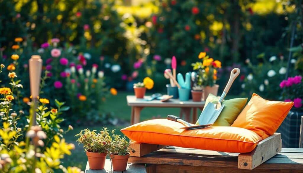 A beautifully arranged scene showcasing DIY gardening accessories focused on a homemade garden kneeler and seat crafted from two pieces of wood. In the foreground, the kneeler is adorned with bright, colorful cushions and potted herbs placed nearby for a vibrant touch. The middle ground features various gardening tools, such as hand trowels and gloves, artfully scattered around a rustic wooden table. The background reveals a lush garden filled with blooming flowers and green foliage bathed in warm, soft sunlight, creating an inviting atmosphere. Use a shallow depth of field to emphasize the kneeler while softly blurring the background. The overall mood is cheerful and creative, ideal for inspiring DIY gardening enthusiasts. A beautifully arranged scene showcasing DIY gardening accessories focused on a homemade garden kneeler and seat crafted from two pieces of wood. In the foreground, the kneeler is adorned with bright, colorful cushions and potted herbs placed nearby for a vibrant touch. The middle ground features various gardening tools, such as hand trowels and gloves, artfully scattered around a rustic wooden table. The background reveals a lush garden filled with blooming flowers and green foliage bathed in warm, soft sunlight, creating an inviting atmosphere. Use a shallow depth of field to emphasize the kneeler while softly blurring the background. The overall mood is cheerful and creative, ideal for inspiring DIY gardening enthusiasts.