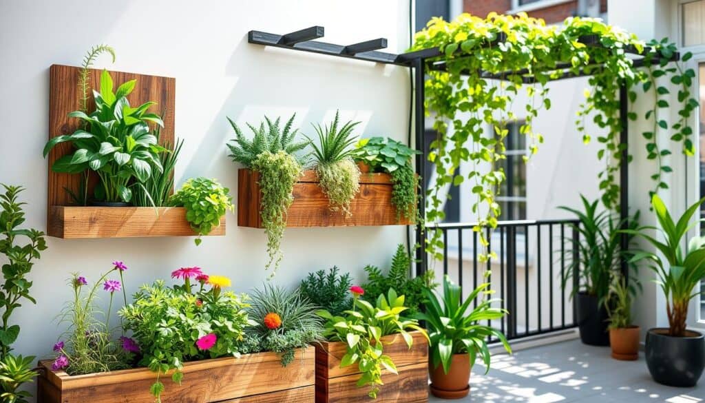 A beautifully arranged scene showcasing five innovative vertical garden ideas designed for small spaces. In the foreground, feature a series of vertical planters made from reclaimed wood, overflowing with vibrant herbs and colorful flowers. The middle layer includes a wall-mounted garden shelf adorned with cascading ferns and bright succulents. In the background, depict a stylish urban balcony with a trellis supporting climbing vines, all under soft, natural sunlight filtering through green leaves. The overall mood is fresh and inviting, emphasizing the harmony between nature and contemporary home décor. Use a wide-angle lens to capture the entire scene, with an emphasis on bright colors and textures, creating an airy atmosphere filled with natural light.