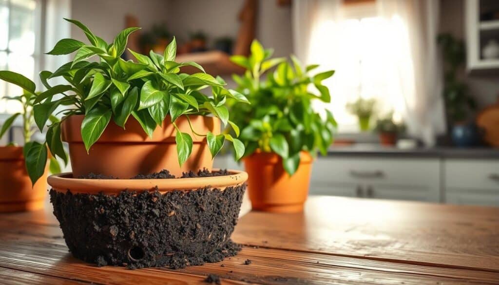 A beautifully arranged scene showcasing the best planter for growing peppers, featuring a terracotta pot filled with vibrant green pepper plants. The foreground highlights the rich, dark soil with visible drainage holes at the bottom of the pot. In the middle ground, the planter sits on a rustic wooden table, with a soft, warm light illuminating the leaves and casting gentle shadows. The background is a bright kitchen window with sheer curtains, allowing soft sunlight to filter through, creating an airy atmosphere. The overall mood is fresh and inviting, emphasizing the importance of proper drainage and soil for healthy pepper growth. A beautifully arranged scene showcasing the best planter for growing peppers, featuring a terracotta pot filled with vibrant green pepper plants. The foreground highlights the rich, dark soil with visible drainage holes at the bottom of the pot. In the middle ground, the planter sits on a rustic wooden table, with a soft, warm light illuminating the leaves and casting gentle shadows. The background is a bright kitchen window with sheer curtains, allowing soft sunlight to filter through, creating an airy atmosphere. The overall mood is fresh and inviting, emphasizing the importance of proper drainage and soil for healthy pepper growth.