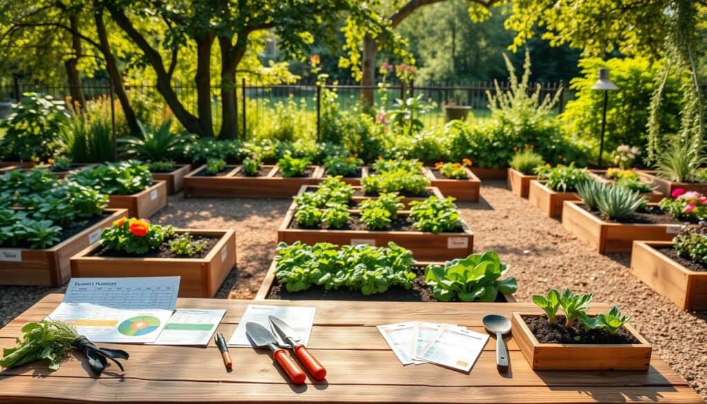 A beautifully arranged seasonal garden planning scene, showcasing a variety of raised beds filled with lush green vegetables and vibrant flowers. In the foreground, an inviting wooden garden table displays colorful harvest charts and seed packets, along with gardening tools like trowels and gloves. The middle ground features neatly organized raised beds, each compartmentalized for different planting schedules, with labels indicating seasonal crops. A backdrop of a sunlit, peaceful garden with greenery and flowering plants creates an atmosphere of tranquility. Soft sunlight filters through leafy trees, casting gentle shadows on the earth, enhancing the sense of harmony and productivity. The image captures a perfect blend of organization and nature, ideal for inspiring continuous harvesting throughout the seasons.