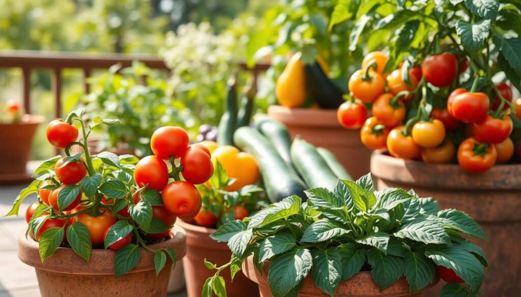 A beautifully arranged selection of potted vegetables thriving in a bright, airy patio setting. In the foreground, vibrant tomatoes and bell peppers spill over the edges of rustic terracotta pots, with green leaves reaching upward. In the middle ground, a mix of eggplants and zucchini, each showcasing their unique shapes and colors, create a harmonious display. The background features a sun-drenched wooden deck with soft sunlight filtering through nearby greenery, casting gentle shadows. Capture a warm, inviting atmosphere, highlighting the vibrant colors and textures of the vegetables. Use a slightly elevated angle for a clear view of the pots, emphasizing their lush growth and the potential of container gardening. A beautifully arranged selection of potted vegetables thriving in a bright, airy patio setting. In the foreground, vibrant tomatoes and bell peppers spill over the edges of rustic terracotta pots, with green leaves reaching upward. In the middle ground, a mix of eggplants and zucchini, each showcasing their unique shapes and colors, create a harmonious display. The background features a sun-drenched wooden deck with soft sunlight filtering through nearby greenery, casting gentle shadows. Capture a warm, inviting atmosphere, highlighting the vibrant colors and textures of the vegetables. Use a slightly elevated angle for a clear view of the pots, emphasizing their lush growth and the potential of container gardening.