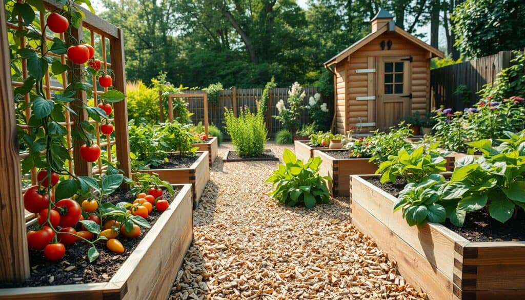 A beautifully arranged small vegetable garden, featuring raised beds of varying heights filled with vibrant vegetables like tomatoes, peppers, and leafy greens. In the foreground, a wooden trellis with climbing plants adds vertical interest. The middle section displays manicured paths made of wood chips, inviting the viewer to explore. In the background, a quaint wooden shed complements the scene and is surrounded by flowering plants. The garden is bathed in bright natural light, with soft sunlight filtering through nearby trees, creating an inviting and airy atmosphere. The angle captures the garden from a low perspective, emphasizing the lush greenery and organized layout, inspiring creativity in small space gardening. A beautifully arranged small vegetable garden, featuring raised beds of varying heights filled with vibrant vegetables like tomatoes, peppers, and leafy greens. In the foreground, a wooden trellis with climbing plants adds vertical interest. The middle section displays manicured paths made of wood chips, inviting the viewer to explore. In the background, a quaint wooden shed complements the scene and is surrounded by flowering plants. The garden is bathed in bright natural light, with soft sunlight filtering through nearby trees, creating an inviting and airy atmosphere. The angle captures the garden from a low perspective, emphasizing the lush greenery and organized layout, inspiring creativity in small space gardening.