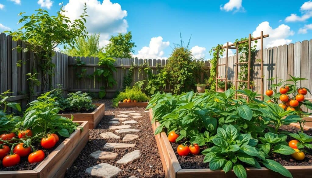 A beautifully arranged small vegetable garden nestled in a cozy backyard, showcasing an array of vibrant plants. In the foreground, various vegetables like tomatoes, peppers, and leafy greens thrive in raised wooden beds with rich, dark soil. The middle ground features charming pathways made of rustic stones, leading to different garden sections, with trellises supporting climbing plants, creating an inviting atmosphere. In the background, a small fence covered in climbing vines frames the garden, while a clear blue sky with fluffy white clouds lets in soft sunlight, enhancing the colors of the vegetables. The scene conveys a sense of tranquility and creativity, perfect for small spaces, ideal for an airy and well-lit interpretation. A beautifully arranged small vegetable garden nestled in a cozy backyard, showcasing an array of vibrant plants. In the foreground, various vegetables like tomatoes, peppers, and leafy greens thrive in raised wooden beds with rich, dark soil. The middle ground features charming pathways made of rustic stones, leading to different garden sections, with trellises supporting climbing plants, creating an inviting atmosphere. In the background, a small fence covered in climbing vines frames the garden, while a clear blue sky with fluffy white clouds lets in soft sunlight, enhancing the colors of the vegetables. The scene conveys a sense of tranquility and creativity, perfect for small spaces, ideal for an airy and well-lit interpretation.