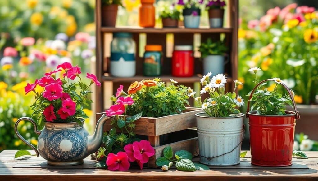 A beautifully arranged tabletop scene featuring repurposed household items as planters, showcasing an array of colorful flowers and lush greenery. In the foreground, a vintage teapot with blooming petunias, a wooden crate filled with herbs, and a bright red tin can with dainty daisies. The middle layer includes a rustic shelf displaying painted jars and small buckets transformed into unique pots. The background features a softly blurred garden with vibrant colors, bathed in warm, natural light. The atmosphere is cheerful and inviting, highlighting the creativity of container gardening on a budget. The scene captures the essence of DIY charm, surrounded by greenery, emphasizing resourcefulness and creativity. Perfectly lit with soft sunlight, creating a cheerful ambiance in a well-decorated garden nook.