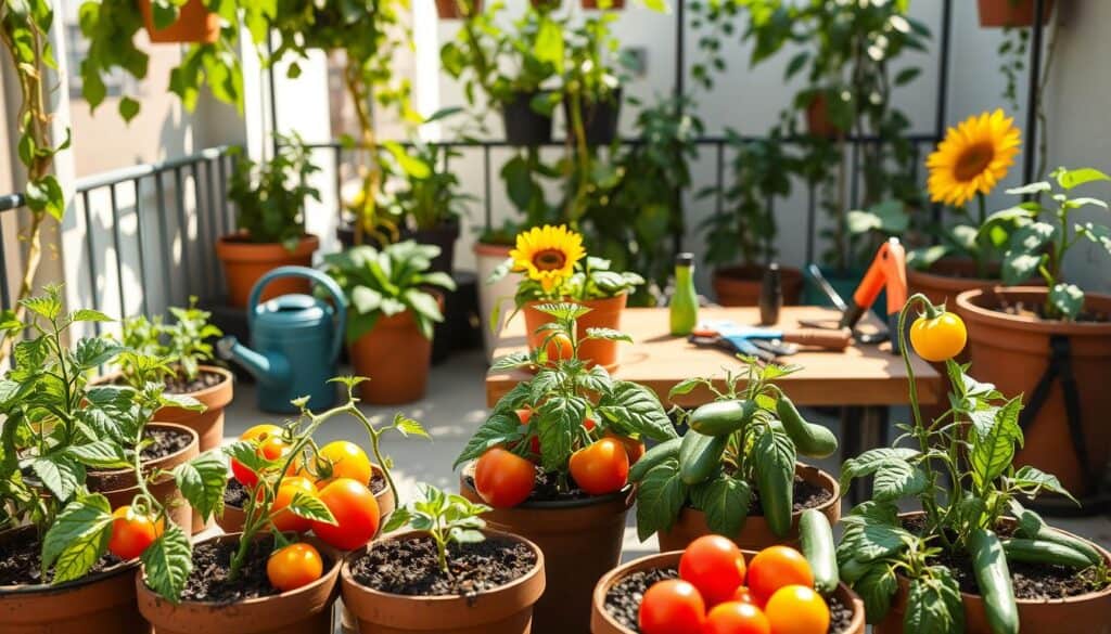A beautifully arranged urban garden space showcasing various pots with vibrant tomatoes, peppers, and cucumbers. In the foreground, several well-maintained pots with rich soil, healthy green plants, and colorful fruits peeking out. The middle ground features a wooden table with gardening tools—like a watering can, gloves, and pruning shears—alongside a pot with a sunflower for added brightness. The background is a sun-drenched balcony adorned with hanging plants and climbing trellises, creating a warm and inviting atmosphere. Soft sunlight filters through, casting gentle shadows and highlighting the lush greenery. The overall mood is serene and encouraging, perfect for any aspiring gardener looking for seasonal care and maintenance tips. A beautifully arranged urban garden space showcasing various pots with vibrant tomatoes, peppers, and cucumbers. In the foreground, several well-maintained pots with rich soil, healthy green plants, and colorful fruits peeking out. The middle ground features a wooden table with gardening tools—like a watering can, gloves, and pruning shears—alongside a pot with a sunflower for added brightness. The background is a sun-drenched balcony adorned with hanging plants and climbing trellises, creating a warm and inviting atmosphere. Soft sunlight filters through, casting gentle shadows and highlighting the lush greenery. The overall mood is serene and encouraging, perfect for any aspiring gardener looking for seasonal care and maintenance tips.
