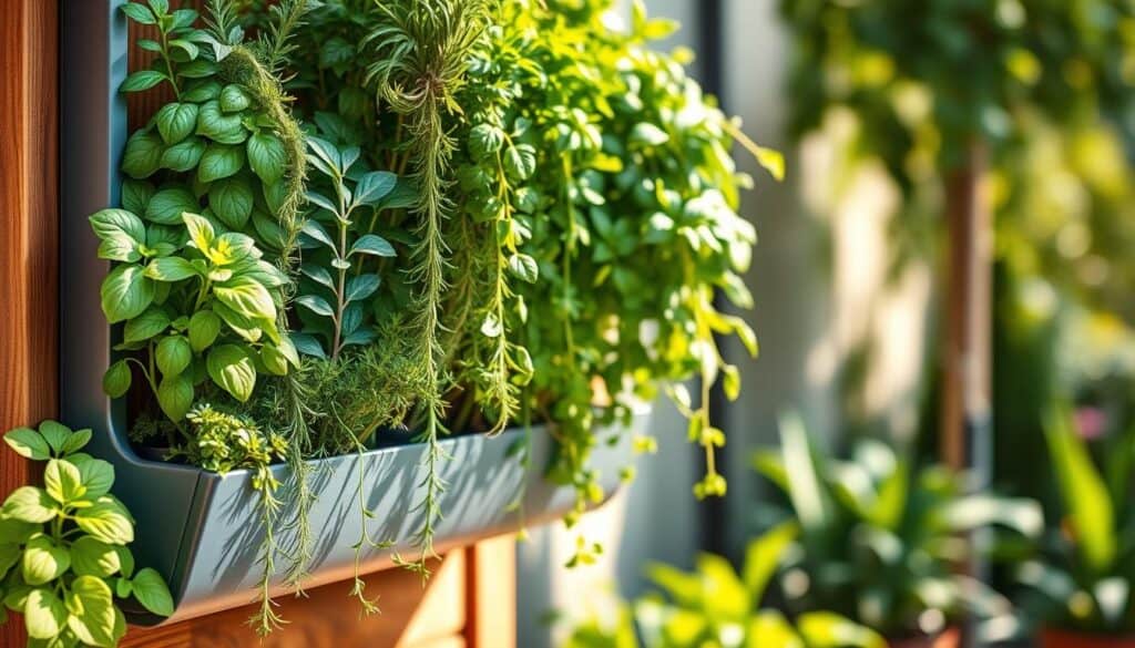 A beautifully arranged vertical garden featuring a variety of lush herbs ideal for growing in small spaces. In the foreground, showcase vibrant basil, rosemary, and thyme in sleek, modern vertical planters. In the middle, intertwining tendrils of mint and parsley cascade gracefully down, enhancing the depth of the composition. The background features a soft-focus, sunlit outdoor setting with hints of greenery to create an inviting atmosphere. Use warm, natural lighting to highlight the rich colors and textures of the foliage, capturing the freshness of the herbs. A wide-angle perspective brings the vertical garden to life, emphasizing its height and the creative use of space. The mood is serene and inspiring, evoking the joy of cultivating fresh flavors at home.