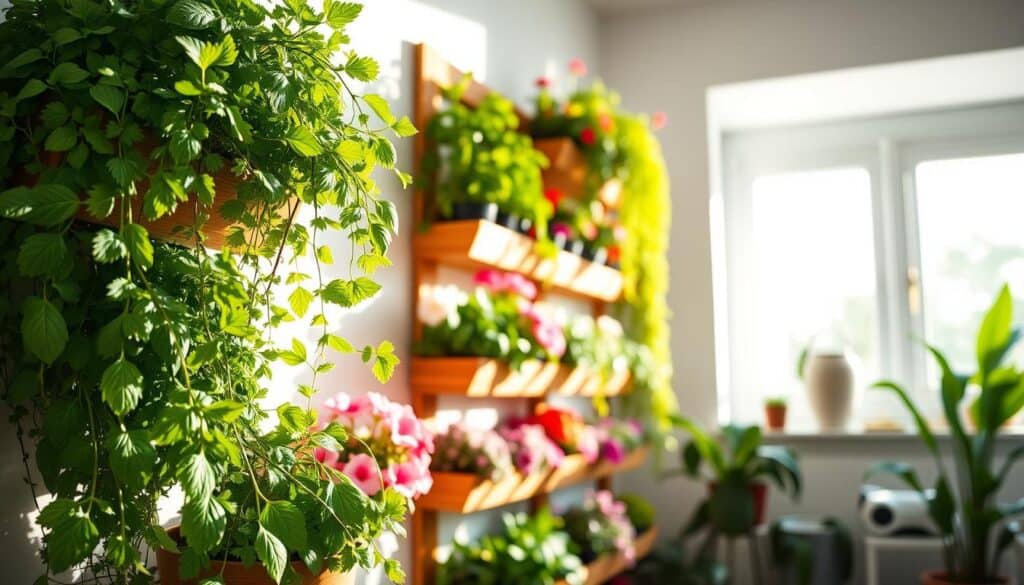A beautifully arranged vertical garden featuring a variety of plants ideal for small spaces. In the foreground, vibrant green herbs such as basil, parsley, and thyme cascade gracefully from wall-mounted planters. The middle section showcases colorful flowers like petunias and succulents in tiered wooden shelves, creating a rich tapestry of colors and textures. In the background, a sunny and airy interior space is illuminated by soft, natural sunlight filtering through a window, highlighting the freshness of the plants. The setting embodies a serene and inviting atmosphere, making it perfect for urban gardening enthusiasts. The angle captures the depth and layers of the vertical garden setup, emphasizing its potential for space-saving greenery within a cozy home environment.