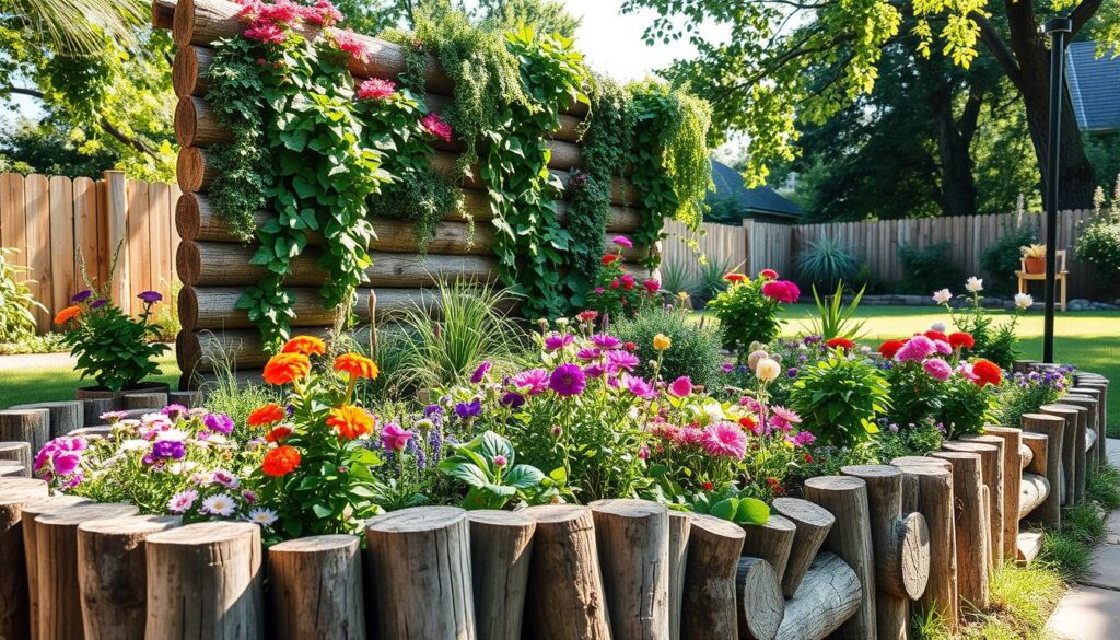 A beautifully arranged vertical garden featuring sustainable wooden log edging. In the foreground, showcase well-constructed logs, slightly weathered, creating a natural border around vibrant flower beds filled with assorted blooms and lush greenery. The middle ground highlights the vertical garden structure adorned with cascading plants like ferns and colorful climbers, thriving against the logs. In the background, include a sun-soaked yard with soft sunlight filtering through overhead branches, casting gentle shadows on the garden. The atmosphere is tranquil, evoking a sense of harmony with nature. Use a wide-angle lens perspective to capture the depth and expansiveness of the garden, ensuring the image is airy and well-lit, reflecting an inviting outdoor space perfect for home gardening enthusiasts.