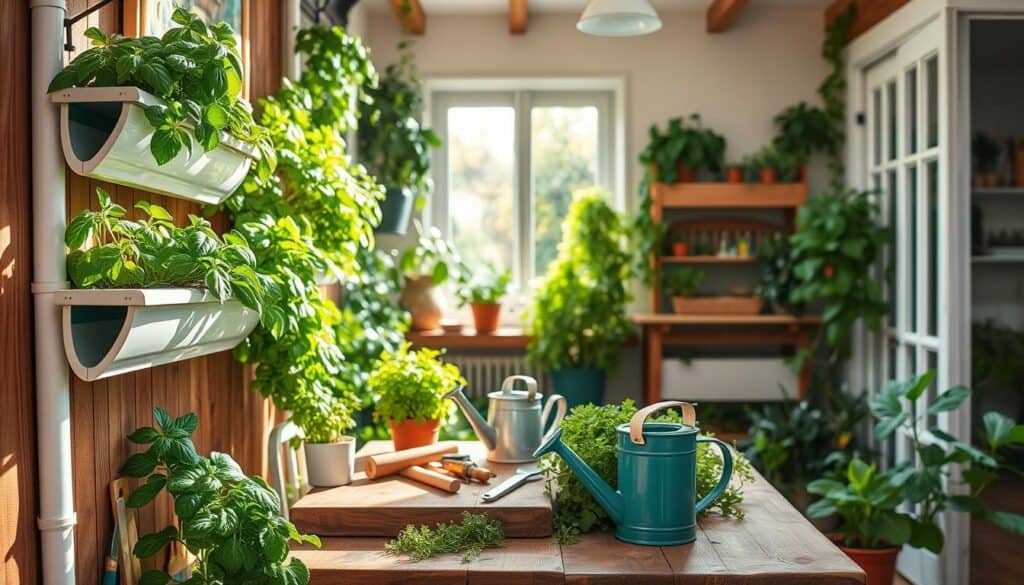 A beautifully arranged vertical garden made from repurposed gutters, showcasing vibrant herbs and greens like basil, parsley, and lettuce. In the foreground, the gutters are mounted against a wooden wall, adorned with lively plants overflowing with leaves, creating an inviting and lush atmosphere. The middle ground features a rustic wooden table with gardening tools and a watering can, emphasizing the DIY aspect. In the background, a well-lit space with soft sunlight filtering through a window, casting gentle shadows. The overall mood is fresh and vibrant, evoking a sense of sustainable gardening in a cozy home environment. Use a wide-angle lens to capture the depth and detail of the scene, ensuring the image is bright and airy.