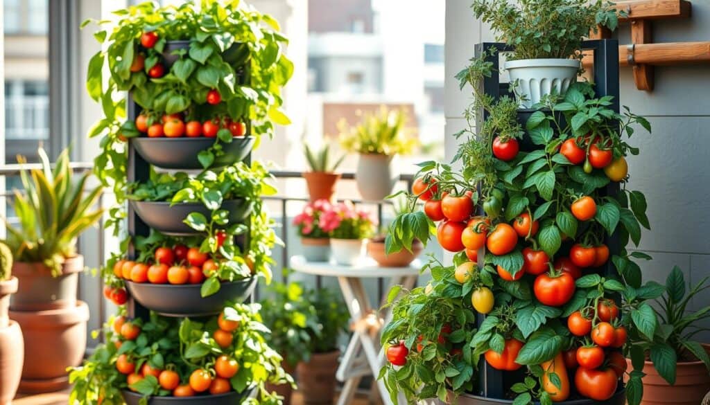 A beautifully arranged vertical planter tower composed of stackable sections filled with vibrant, high-yield vegetables like tomatoes, peppers, and herbs. The foreground features lush plants overflowing from each tier, showcasing a rich variety of greens and colorful produce. In the middle, the planter tower is set against a backdrop of a cozy urban balcony, adorned with wooden accents and decorative pots. Soft sunlight streams in from the left, casting gentle shadows and enhancing the vivid colors of the plants. The atmosphere is inviting and cheerful, emphasizing the joys of urban gardening. The image should capture a sense of practicality and beauty in small-space gardening solutions, focusing on the details of the plants and the craftsmanship of the planter.