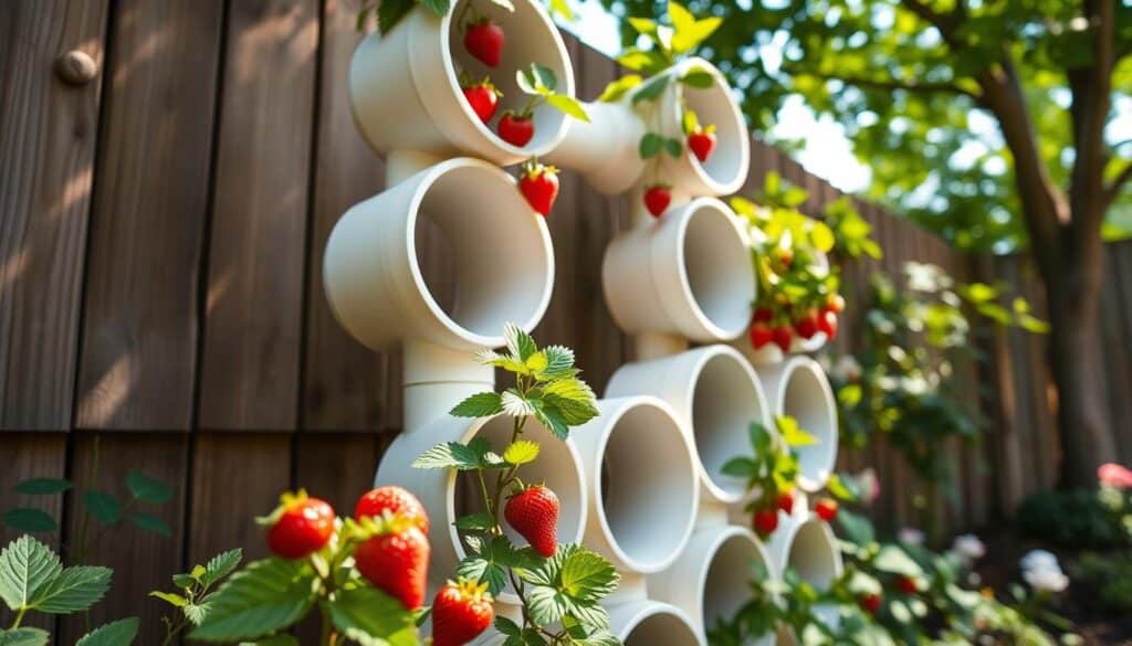 A beautifully arranged vertical strawberry planter made from shaped PVC pipes, vividly showcasing its unique design with various empty and planted sections. In the foreground, focus on the bright red strawberries peeking over the green leaves, highlighting the potential harvest. The middle ground features the cleverly designed, tiered planter, strategically placed against a wooden garden backdrop, emphasizing rustic charm. The lighting is soft and natural, filtering through nearby trees, casting gentle shadows that enhance the textures of the PVC and the surrounding greenery. The overall atmosphere is inviting and inspiring, conveying a sense of creativity and eco-friendliness in home gardening. A beautifully arranged vertical strawberry planter made from shaped PVC pipes, vividly showcasing its unique design with various empty and planted sections. In the foreground, focus on the bright red strawberries peeking over the green leaves, highlighting the potential harvest. The middle ground features the cleverly designed, tiered planter, strategically placed against a wooden garden backdrop, emphasizing rustic charm. The lighting is soft and natural, filtering through nearby trees, casting gentle shadows that enhance the textures of the PVC and the surrounding greenery. The overall atmosphere is inviting and inspiring, conveying a sense of creativity and eco-friendliness in home gardening.