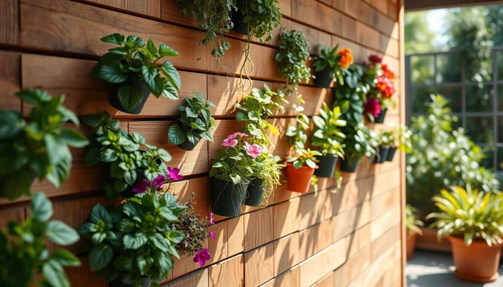 A beautifully arranged wood plank vertical garden wall design, showcasing various types of plants in vibrant colors, such as herbs, flowering vines, and leafy greens. In the foreground, feature sturdy, rustic wood planks with a natural finish, securely mounted in a contemporary setting, giving an inviting feel. The middle section should highlight a variety of plants thriving in small pots attached to the planks, with sunlight casting soft shadows, enhancing the texture of the wood and greenery. In the background, a softly blurred garden space can be seen, filled with lush vegetation under bright, natural light. This scene should evoke a sense of tranquility and creativity, perfect for DIY enthusiasts looking to plan their own vertical garden layout.