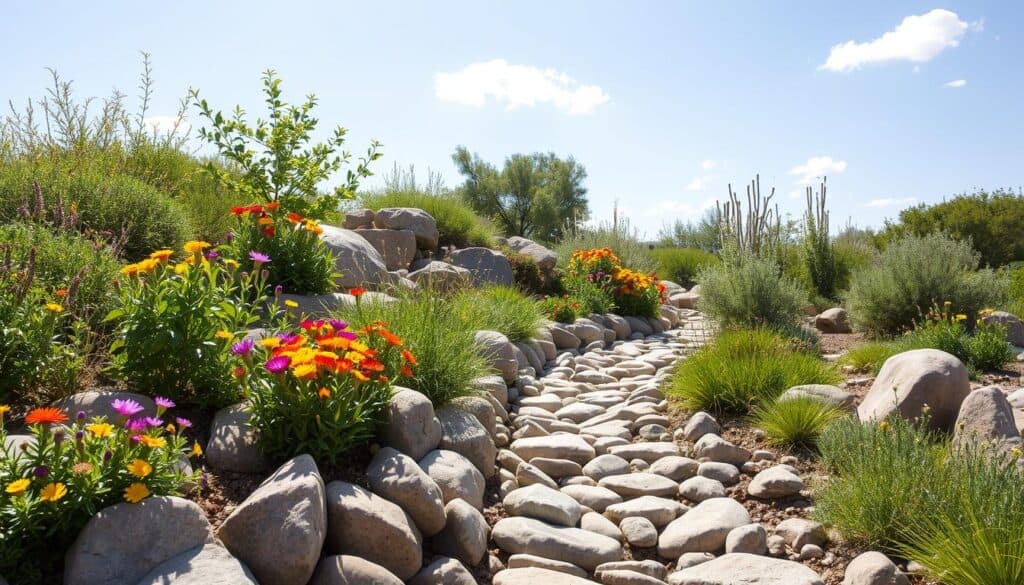 A beautifully arranged xeriscape garden featuring smooth river rocks of various sizes and hues, nestled among vibrant native plants. In the foreground, clusters of colorful wildflowers and lush, drought-resistant foliage create a harmonious blend with the rocks. The middle ground showcases a gently curving pathway made of tightly packed river stones, inviting exploration. In the background, soft sunlight filters through a few scattered clouds, casting delicate shadows that enhance the textures of the stone and plant life. The overall atmosphere conveys serenity and balance, ideal for sustainable gardening. The scene is well-lit with bright, natural sunlight, capturing the essence of an expertly curated rock garden in a residential setting.