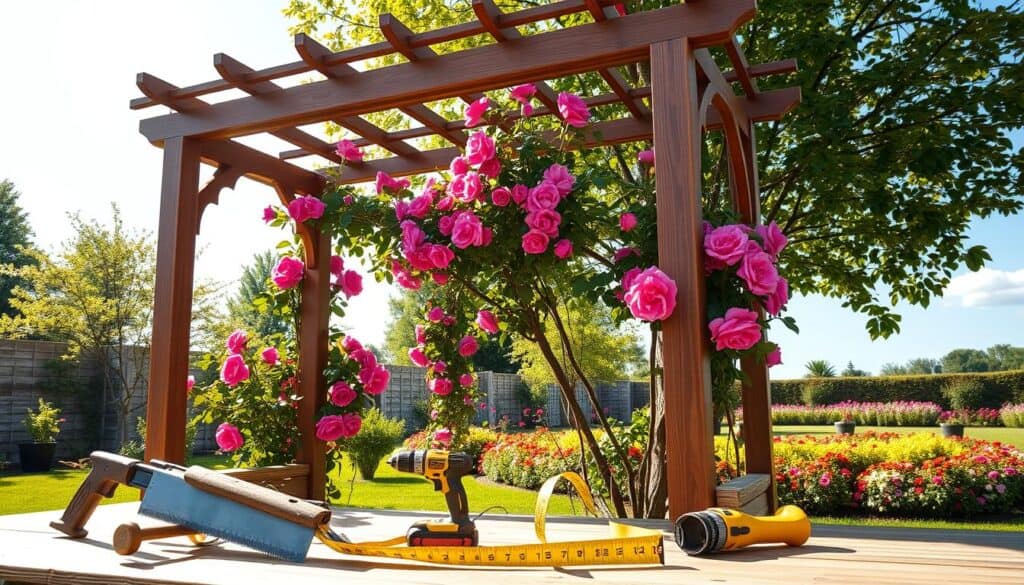 A beautifully assembled handmade rose arbor, featuring a sturdy wooden frame crafted from deep brown timber. The structure showcases intricate joinery and elegant curves to support climbing roses, which are lushly intertwined with vibrant pink and red blooms. In the foreground, tools such as a saw, tape measure, and a drill are carefully arranged alongside the arbor, evoking the assembly process. The middle ground captures the arbor, bathed in soft sunlight filtering through leafy green trees, while the background displays a serene garden landscape with colorful flower beds and a clear blue sky, creating a tranquil atmosphere. The image should be taken from a slightly low angle to emphasize the height and beauty of the arbor, with bright, natural lighting to highlight the craftsmanship. A beautifully assembled handmade rose arbor, featuring a sturdy wooden frame crafted from deep brown timber. The structure showcases intricate joinery and elegant curves to support climbing roses, which are lushly intertwined with vibrant pink and red blooms. In the foreground, tools such as a saw, tape measure, and a drill are carefully arranged alongside the arbor, evoking the assembly process. The middle ground captures the arbor, bathed in soft sunlight filtering through leafy green trees, while the background displays a serene garden landscape with colorful flower beds and a clear blue sky, creating a tranquil atmosphere. The image should be taken from a slightly low angle to emphasize the height and beauty of the arbor, with bright, natural lighting to highlight the craftsmanship.