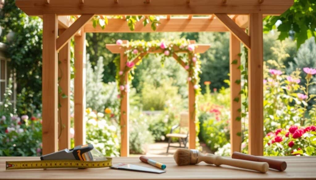 A beautifully constructed DIY garden arbor made of natural wood, featuring a simple, elegant design that frames a serene garden view. In the foreground, tools like a measuring tape, saw, hammer, and paintbrush are neatly arranged, showcasing the essential materials for the project. In the middle, the arbor stands tall, adorned with climbing vines and flowering plants, bathed in soft, warm sunlight that highlights the woodgrain texture. The background reveals a lush garden with vibrant flowers and greenery, creating a tranquil atmosphere. The image is captured with a slight upward angle to emphasize the height of the arbor, ensuring a bright and airy feel, perfect for a woodworking project. A beautifully constructed DIY garden arbor made of natural wood, featuring a simple, elegant design that frames a serene garden view. In the foreground, tools like a measuring tape, saw, hammer, and paintbrush are neatly arranged, showcasing the essential materials for the project. In the middle, the arbor stands tall, adorned with climbing vines and flowering plants, bathed in soft, warm sunlight that highlights the woodgrain texture. The background reveals a lush garden with vibrant flowers and greenery, creating a tranquil atmosphere. The image is captured with a slight upward angle to emphasize the height of the arbor, ensuring a bright and airy feel, perfect for a woodworking project.