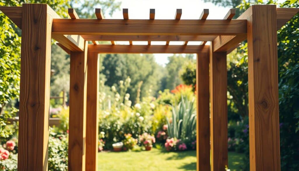 A beautifully constructed DIY wooden arbor frame, featuring a detailed main frame and side panels made from rich, textured timber. The foreground captures the intricacies of the woodworking, highlighting the smooth joins and natural knots in the wood. In the middle, the arbor stands proudly, its symmetrical design accentuated by soft, warm natural light filtering through. In the background, a lush garden scene unfolds, with vibrant greenery and blooming flowers framing the structure, enhancing the sense of depth. The atmosphere feels serene and inviting, bathed in bright, airy sunlight that casts gentle shadows. The angle is slightly elevated, providing a clear view of the arbor's design and craftsmanship. The mood is inspiring and tranquil, ideal for showcasing this gardening project. A beautifully constructed DIY wooden arbor frame, featuring a detailed main frame and side panels made from rich, textured timber. The foreground captures the intricacies of the woodworking, highlighting the smooth joins and natural knots in the wood. In the middle, the arbor stands proudly, its symmetrical design accentuated by soft, warm natural light filtering through. In the background, a lush garden scene unfolds, with vibrant greenery and blooming flowers framing the structure, enhancing the sense of depth. The atmosphere feels serene and inviting, bathed in bright, airy sunlight that casts gentle shadows. The angle is slightly elevated, providing a clear view of the arbor's design and craftsmanship. The mood is inspiring and tranquil, ideal for showcasing this gardening project.