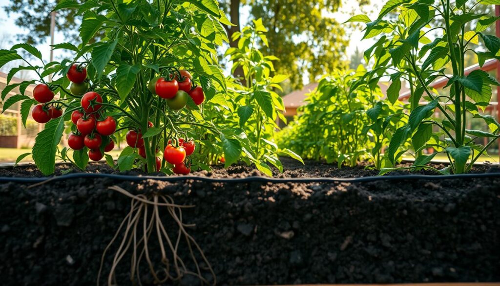 A beautifully constructed raised garden bed brimming with lush green tomato and pepper plants, showcasing their depth for optimal growth. The foreground features rich, dark soil within the bed, with roots visibly spreading to demonstrate depth. In the middle ground, vibrant tomato plants adorned with ripe red fruits and bright green pepper plants form a lush canopy, thriving in the ample space provided. The background reveals a sunny garden scene with soft, glowing sunlight filtering through leafy trees, casting gentle shadows. The image is shot at a low angle to emphasize the height of the raised bed, creating a feeling of abundance and vitality. The atmosphere is cheerful and inspiring, ideal for gardening enthusiasts seeking to enhance their vegetable growth.