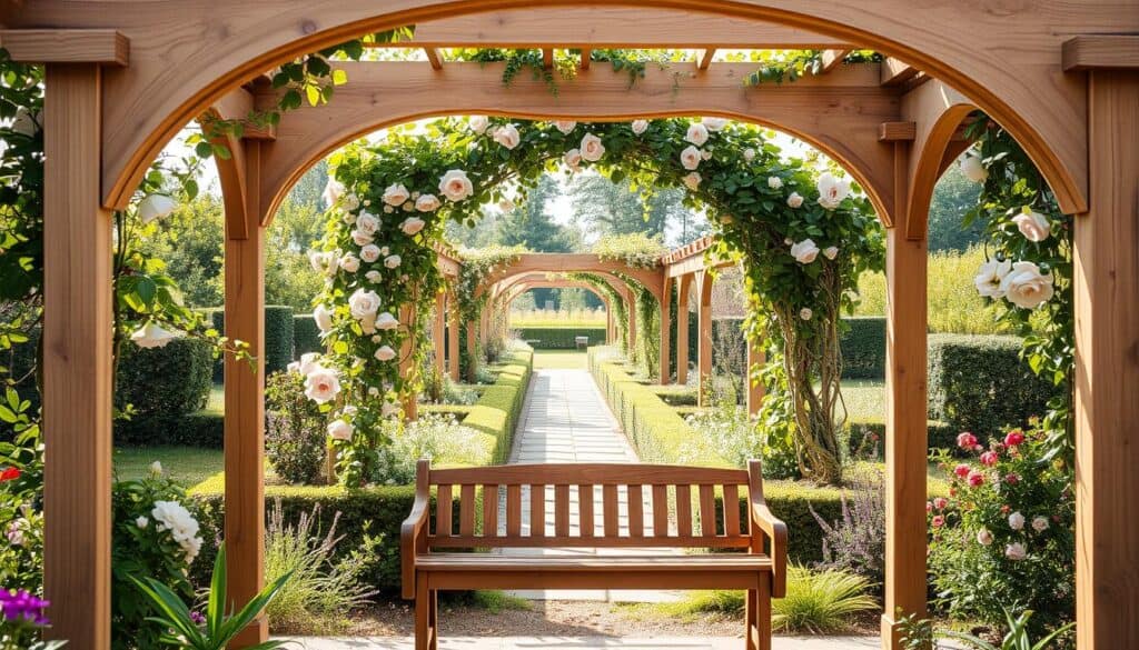 A beautifully constructed simple garden arbor made of natural wood, showcasing elegant curves and clean lines, framing a serene view of a lush garden with blooming flowers and manicured greenery. In the foreground, include a rustic bench under the arbor, inviting relaxation. The middle ground should display cascading vines and delicate climbing roses adorning the structure, while sunlight filters through the leaves, casting gentle shadows. In the background, a tranquil path leads deeper into the garden, surrounded by soft, bright natural light that enhances the serene atmosphere. The scene is tranquil, evoking a sense of peace and connection with nature, captured from a slightly elevated angle to highlight the depth and framing effect of the arbor. A beautifully constructed simple garden arbor made of natural wood, showcasing elegant curves and clean lines, framing a serene view of a lush garden with blooming flowers and manicured greenery. In the foreground, include a rustic bench under the arbor, inviting relaxation. The middle ground should display cascading vines and delicate climbing roses adorning the structure, while sunlight filters through the leaves, casting gentle shadows. In the background, a tranquil path leads deeper into the garden, surrounded by soft, bright natural light that enhances the serene atmosphere. The scene is tranquil, evoking a sense of peace and connection with nature, captured from a slightly elevated angle to highlight the depth and framing effect of the arbor.