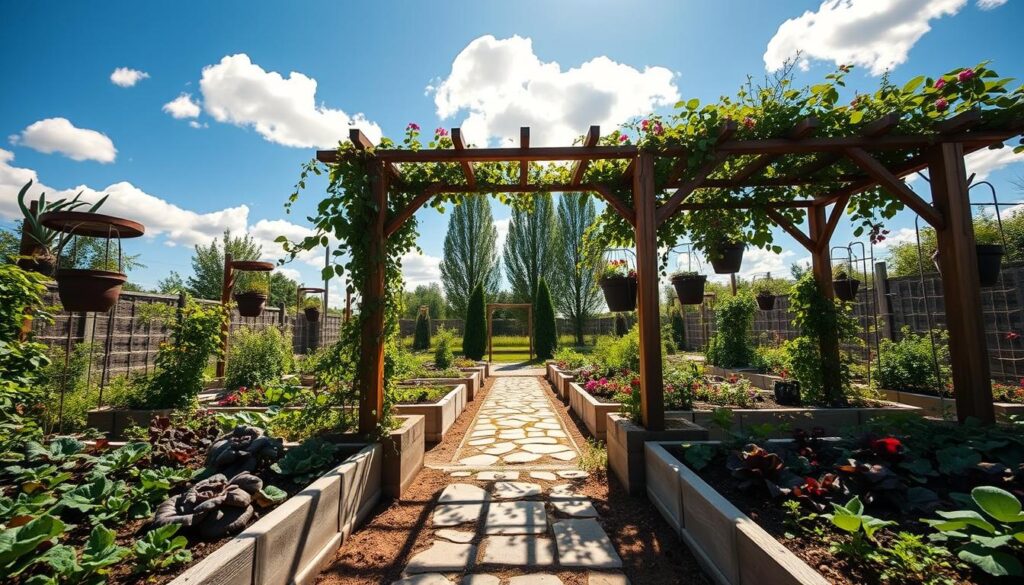 A beautifully constructed vegetable garden pergola sits in the foreground, draped with climbing plants and vibrant flowers, casting delicate shadows on the raised beds below. The beds are filled with a lush variety of vegetables, showcasing earthy tones of greens, purples, and reds. In the middle ground, a pathway made of natural stones leads to the pergola, inviting viewers to explore the garden. The background features a clear blue sky, adorned with fluffy white clouds, and a few tall trees that provide dappled sunlight, enhancing the serene atmosphere. The scene is illuminated by soft, warm sunlight, creating an inviting and tranquil setting. A wide-angle perspective captures the entirety of the garden, conveying a sense of harmony with nature and the principles of permaculture.