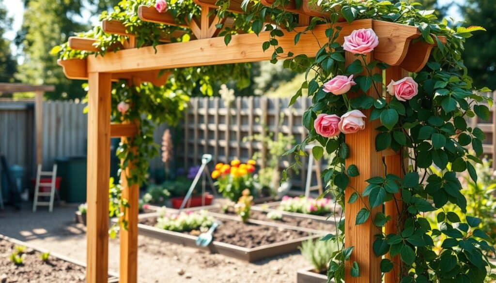 A beautifully constructed wooden arch designed for climbing plants, prominently featured in the foreground. The arch is made of sturdy cedar wood, showcasing intricate joinery and a natural finish. Lush climbing roses and green vines are gracefully intertwined around the arch, demonstrating its purpose. In the middle background, a well-maintained garden with vibrant flowers, neatly arranged soil beds, and gardening tools can be seen, enhancing the context of a gardening project. The lighting is bright and natural, with soft sunlight filtering through the leaves, casting gentle shadows. The angle captures the arch from a slight low perspective, emphasizing its height and grandeur, while creating an inviting and serene atmosphere that inspires creativity in gardening. A beautifully constructed wooden arch designed for climbing plants, prominently featured in the foreground. The arch is made of sturdy cedar wood, showcasing intricate joinery and a natural finish. Lush climbing roses and green vines are gracefully intertwined around the arch, demonstrating its purpose. In the middle background, a well-maintained garden with vibrant flowers, neatly arranged soil beds, and gardening tools can be seen, enhancing the context of a gardening project. The lighting is bright and natural, with soft sunlight filtering through the leaves, casting gentle shadows. The angle captures the arch from a slight low perspective, emphasizing its height and grandeur, while creating an inviting and serene atmosphere that inspires creativity in gardening.