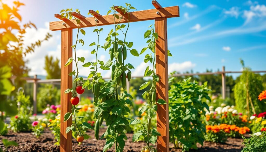 A beautifully constructed wooden trellis designed for climbing vegetables, set in a vibrant garden environment. In the foreground, the trellis is adorned with lush green climbing plants such as tomatoes, cucumbers, and peas, showcasing their growth patterns. The middle ground features an assortment of colorful garden flowers and healthy soil, emphasizing a thriving vegetable garden. In the background, bright blue sky and soft, airy clouds enhance the atmosphere. The scene is illuminated by warm, natural sunlight, creating a lively yet peaceful mood. A well-defined depth of field highlights the trellis and climbing plants while softly blurring the background. The photograph captures the essence of home gardening, inviting viewers to explore the beauty of growing their own vegetables on a sturdy trellis.