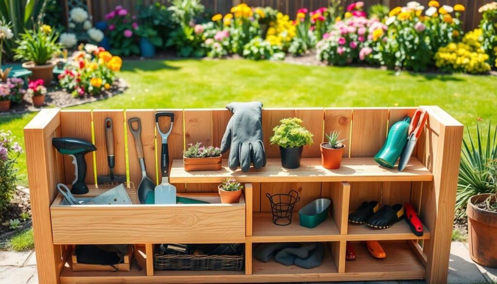 A beautifully crafted DIY garden tool storage bench made from scrap wood, showcasing a rustic charm with a natural wood finish. The foreground features a well-organized bench with various gardening tools neatly stored in compartments and open shelves. In the middle, the bench is adorned with small potted plants and a garden glove resting on top, creating a welcoming atmosphere. The background reveals a sunny garden filled with vibrant flowers and a green lawn, under soft, natural sunlight that enhances the warmth of the wooden tones. Capture this scene from a slightly elevated angle to highlight the bench’s design details while maintaining a bright, airy feel overall, evoking a sense of creativity and appreciation for DIY home projects. A beautifully crafted DIY garden tool storage bench made from scrap wood, showcasing a rustic charm with a natural wood finish. The foreground features a well-organized bench with various gardening tools neatly stored in compartments and open shelves. In the middle, the bench is adorned with small potted plants and a garden glove resting on top, creating a welcoming atmosphere. The background reveals a sunny garden filled with vibrant flowers and a green lawn, under soft, natural sunlight that enhances the warmth of the wooden tones. Capture this scene from a slightly elevated angle to highlight the bench’s design details while maintaining a bright, airy feel overall, evoking a sense of creativity and appreciation for DIY home projects.