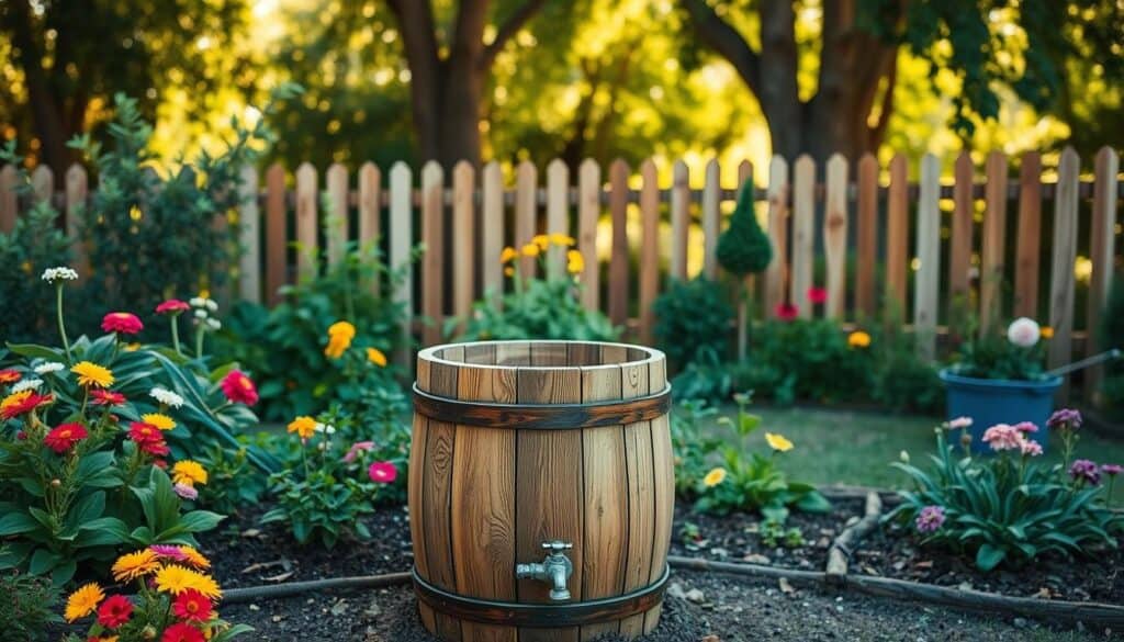 A beautifully crafted DIY rain barrel positioned in a serene backyard garden setting. In the foreground, showcase a rustic wooden rain barrel with a spigot at the bottom, surrounded by vibrant flowers and lush green plants. In the middle ground, place a small, well-tended vegetable patch to emphasize sustainability. The background features a quaint wooden fence and tall trees dappled in warm, soft sunlight, creating an inviting atmosphere. The scene is bathed in bright, natural light, highlighting the texture of the wood and the vibrant colors of the plants. Capture the angle slightly above the rain barrel to convey its importance in the garden while maintaining a fresh, uplifting mood.