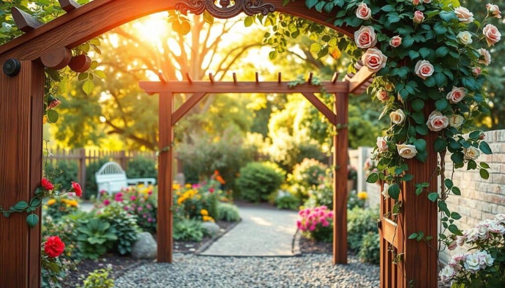 A beautifully crafted DIY wooden garden archway is showcased in the foreground, made of rich, dark-stained timber with intricate, hand-carved decorative elements atop its structure. Climbing roses and lush green vines artfully wrap around the arch, creating a vibrant and inviting look. In the middle ground, a well-maintained garden with colorful flowers and diverse foliage enhances the scene, while a gravel pathway leads gently toward the archway. In the background, soft, blurred trees filter warm, natural sunlight, infusing the atmosphere with a serene, cheerful ambiance. The lighting highlights the texture of the wood and the delicate petals of the roses, with the focus captured through a slightly wide-angle lens to encompass the welcoming garden setting. A beautifully crafted DIY wooden garden archway is showcased in the foreground, made of rich, dark-stained timber with intricate, hand-carved decorative elements atop its structure. Climbing roses and lush green vines artfully wrap around the arch, creating a vibrant and inviting look. In the middle ground, a well-maintained garden with colorful flowers and diverse foliage enhances the scene, while a gravel pathway leads gently toward the archway. In the background, soft, blurred trees filter warm, natural sunlight, infusing the atmosphere with a serene, cheerful ambiance. The lighting highlights the texture of the wood and the delicate petals of the roses, with the focus captured through a slightly wide-angle lens to encompass the welcoming garden setting.