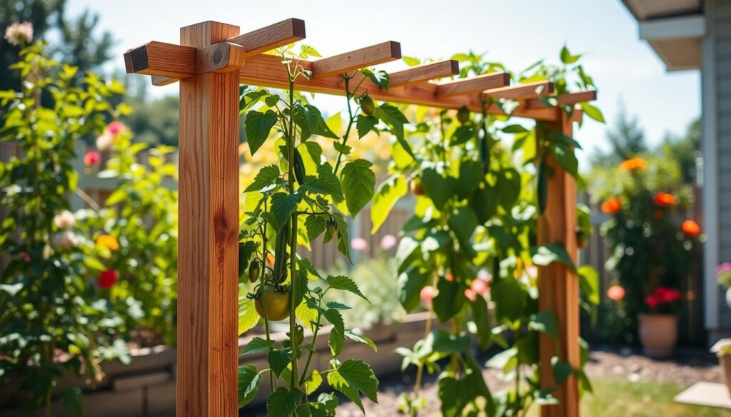 A beautifully crafted DIY wooden garden trellis designed for climbing vegetables, set in a bright, airy backyard. In the foreground, focus on the trellis made from budget-friendly materials like reclaimed wood, showing clear joinery and simple design. The middle ground features lush green plants, such as tomatoes and cucumbers, climbing along the trellis. In the background, a sunlit garden filled with vibrant flowers and a clear blue sky adds a cheerful atmosphere. The scene is illuminated by soft sunlight, creating a warm and inviting mood. Use a slightly elevated angle to capture the entire setup, emphasizing the rustic elegance of the trellis in a realistic home décor style.