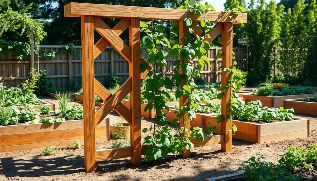 A beautifully crafted DIY wooden trellis stands tall against a backdrop of raised garden beds filled with vibrant vegetables and climbing plants. The trellis features a rustic design with sturdy, intersecting slats made of treated wood, showcasing intricate, natural grain patterns. In the foreground, sun-dappled shadows create soft contrasts on the soil, while the middle ground highlights the trellis adorned with lush green vines, suggesting a fruitful garden. The scene is bathed in bright, soft sunlight that filters through the leaves, enhancing the warm, inviting atmosphere. The angle captures the trellis in full view, while the surrounding garden adds depth to the composition, creating a serene and productive gardening space. The overall mood is tranquil and inspiring for DIY enthusiasts. A beautifully crafted DIY wooden trellis stands tall against a backdrop of raised garden beds filled with vibrant vegetables and climbing plants. The trellis features a rustic design with sturdy, intersecting slats made of treated wood, showcasing intricate, natural grain patterns. In the foreground, sun-dappled shadows create soft contrasts on the soil, while the middle ground highlights the trellis adorned with lush green vines, suggesting a fruitful garden. The scene is bathed in bright, soft sunlight that filters through the leaves, enhancing the warm, inviting atmosphere. The angle captures the trellis in full view, while the surrounding garden adds depth to the composition, creating a serene and productive gardening space. The overall mood is tranquil and inspiring for DIY enthusiasts.