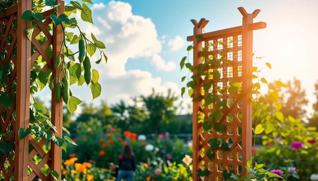A beautifully crafted decorative wood garden trellis stands prominently in the foreground, showcasing intricate lattice work with a natural wood finish. The trellis is adorned with vibrant climbing vegetables like green beans and cucumbers, their tendrils reaching up toward the sun. In the middle ground, a lush garden filled with colorful flowers and greenery surrounds the trellis, adding depth and vibrancy to the scene. The background features a serene blue sky with soft, fluffy clouds, illuminated by warm, golden sunlight filtering through the leaves. The atmosphere is tranquil and inviting, perfect for a garden getaway. The image captures fine details like the textures of the wood, the delicate leaves, and the light casting gentle shadows, enhancing the overall decorative appeal.