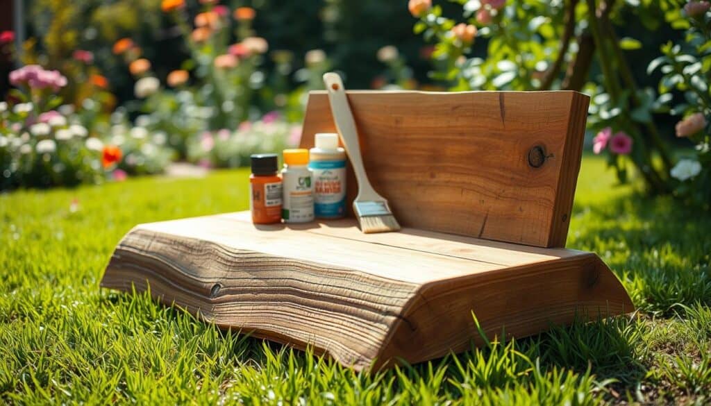 A beautifully crafted garden kneeler and seat made from two pieces of aged wood, resting on a lush green lawn. In the foreground, show detailed textures of the wood's grain, highlighting a weatherproof finish that glistens softly under the bright natural light. In the middle, a selection of finishing materials is artfully arranged, including paint, wood sealant, and brushes, showcasing their vibrant colors. The background features a softly blurred garden scene, filled with blooming flowers and foliage, adding a tranquil atmosphere. The overall mood conveys a sense of craftsmanship and care, evoking a sunny afternoon spent enhancing outdoor spaces. Use soft sunlight to create gentle shadows, emphasizing the beauty of the woodwork. A beautifully crafted garden kneeler and seat made from two pieces of aged wood, resting on a lush green lawn. In the foreground, show detailed textures of the wood's grain, highlighting a weatherproof finish that glistens softly under the bright natural light. In the middle, a selection of finishing materials is artfully arranged, including paint, wood sealant, and brushes, showcasing their vibrant colors. The background features a softly blurred garden scene, filled with blooming flowers and foliage, adding a tranquil atmosphere. The overall mood conveys a sense of craftsmanship and care, evoking a sunny afternoon spent enhancing outdoor spaces. Use soft sunlight to create gentle shadows, emphasizing the beauty of the woodwork.