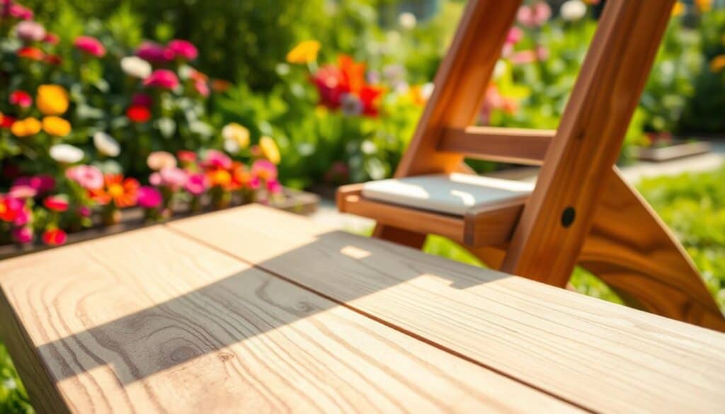 A beautifully crafted garden kneeler made from high-quality, durable wood, such as cedar or teak, showcasing its smooth finish and rich grain patterns. The kneeler is set in a vibrant garden filled with colorful flowers and lush greenery. In the foreground, the wood is prominently displayed, highlighting its natural texture; in the middle ground, the kneeler is angled to showcase its design—complete with soft padding for comfort. The background softly blurs into a sunny garden scene with greenery and flower beds, illuminated by bright, natural sunlight that casts gentle shadows. The overall mood is serene and inviting, perfect for gardening enthusiasts. The angle captures a sense of depth, giving viewers a clear sense of what makes this wood ideal for a comfortable and functional garden kneeler. A beautifully crafted garden kneeler made from high-quality, durable wood, such as cedar or teak, showcasing its smooth finish and rich grain patterns. The kneeler is set in a vibrant garden filled with colorful flowers and lush greenery. In the foreground, the wood is prominently displayed, highlighting its natural texture; in the middle ground, the kneeler is angled to showcase its design—complete with soft padding for comfort. The background softly blurs into a sunny garden scene with greenery and flower beds, illuminated by bright, natural sunlight that casts gentle shadows. The overall mood is serene and inviting, perfect for gardening enthusiasts. The angle captures a sense of depth, giving viewers a clear sense of what makes this wood ideal for a comfortable and functional garden kneeler.
