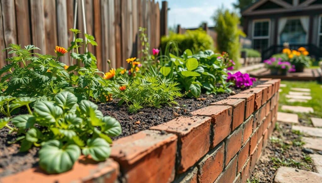 A beautifully crafted raised garden bed made of weathered red bricks, filled with rich, dark soil, lush green plants, and vibrant colorful flowers. In the foreground, focus on the textured brick edges, revealing the soil mix integrated with organic materials like compost and vermiculite. In the middle, a variety of herbs and vegetables thrive, showcasing healthy foliage reaching towards the bright sunlight filtering through a clear blue sky. In the background, a rustic wooden fence and manicured garden pathways emphasize the charming outdoor setting. Capture this scene in soft, natural light, highlighting the warmth and inviting atmosphere of a well-maintained garden, using a wide-angle lens to create depth and allow for a holistic view of the raised bed environment.