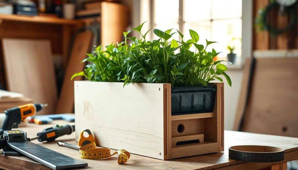 A beautifully crafted self-watering planter box made from a single sheet of plywood, displayed in a well-lit workshop setting. The planter box features an innovative design with visible water reservoir and drainage system, showcasing the plywood grain. In the foreground, tools such as a saw, drill, and measuring tape are neatly arranged beside the planter, hinting at the building process. The middle layer features the completed planter filled with vibrant green plants, demonstrating its functionality. The background shows a sunlit window, casting soft natural light that warms the scene, enhancing the atmosphere of a cozy, skilled woodworking environment. Bright colors and attention to detail give a sense of craftsmanship and creativity. A beautifully crafted self-watering planter box made from a single sheet of plywood, displayed in a well-lit workshop setting. The planter box features an innovative design with visible water reservoir and drainage system, showcasing the plywood grain. In the foreground, tools such as a saw, drill, and measuring tape are neatly arranged beside the planter, hinting at the building process. The middle layer features the completed planter filled with vibrant green plants, demonstrating its functionality. The background shows a sunlit window, casting soft natural light that warms the scene, enhancing the atmosphere of a cozy, skilled woodworking environment. Bright colors and attention to detail give a sense of craftsmanship and creativity.