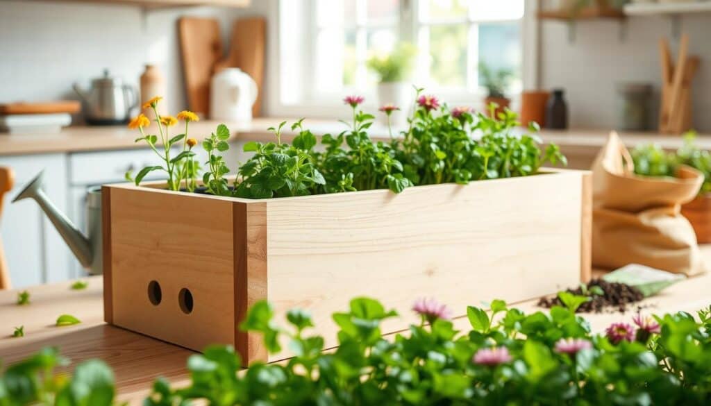A beautifully crafted self-watering planter box made from a single sheet of plywood. The box features a modern, minimalist design with clear water reservoir indicators and drainage holes, showcasing the self-watering system. In the foreground, vibrant green herbs and flowers flourish, thriving against the lush soil. The middle ground features the planter box set on a light wooden table, with tools like a watering can and soil bag nearby, suggesting a DIY project. In the background, a bright, airy kitchen window allows soft sunlight to flood the scene, creating a warm and inviting atmosphere. The image should capture the essence of home décor and woodworking, focusing on natural light to highlight the textures of the wood and the vitality of the plants. A beautifully crafted self-watering planter box made from a single sheet of plywood. The box features a modern, minimalist design with clear water reservoir indicators and drainage holes, showcasing the self-watering system. In the foreground, vibrant green herbs and flowers flourish, thriving against the lush soil. The middle ground features the planter box set on a light wooden table, with tools like a watering can and soil bag nearby, suggesting a DIY project. In the background, a bright, airy kitchen window allows soft sunlight to flood the scene, creating a warm and inviting atmosphere. The image should capture the essence of home décor and woodworking, focusing on natural light to highlight the textures of the wood and the vitality of the plants.