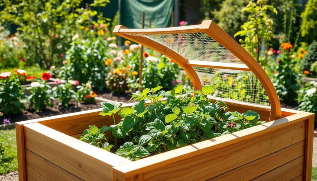 A beautifully crafted squirrel-proof raised bed garden, featuring a custom wooden cover designed to keep squirrels and rabbits out. In the foreground, the raised bed is made of sturdy cedar wood, with a smooth, polished finish. The lid is intricately designed with a mesh wire overlay, allowing sunlight to filter through. Bright natural light bathes the scene, highlighting the organic textures of the wood and the green foliage in the bed. In the middle ground, vibrant plants are growing, showcasing a variety of greens and colorful vegetables peeking through the mesh. The background features a lush garden with an assortment of flowers and trees, creating a serene and inviting atmosphere. The overall mood is peaceful and encouraging, emphasizing sustainable gardening practices in a well-maintained outdoor space.