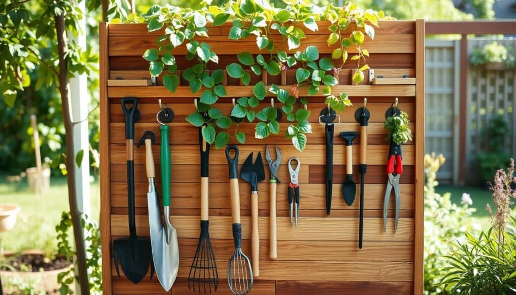 A beautifully crafted vertical garden tool storage unit made from reclaimed wood, showcasing a rustic yet modern design. In the foreground, the unit features various compartments and hooks efficiently organized for garden tools like trowels, rakes, and pruning shears. The middle section of the image displays vibrant plants growing on a trellis-style back panel, adding a touch of greenery. The backdrop consists of a bright, airy garden setting with soft sunlight filtering through the leaves, casting gentle shadows on the ground. The scene conveys a productive and serene atmosphere, ideal for gardening enthusiasts. The overall mood is warm and inviting, perfect for inspiring DIY gardeners. The image is well-lit, highlighting the textures of the wood and the colors of the plants. A beautifully crafted vertical garden tool storage unit made from reclaimed wood, showcasing a rustic yet modern design. In the foreground, the unit features various compartments and hooks efficiently organized for garden tools like trowels, rakes, and pruning shears. The middle section of the image displays vibrant plants growing on a trellis-style back panel, adding a touch of greenery. The backdrop consists of a bright, airy garden setting with soft sunlight filtering through the leaves, casting gentle shadows on the ground. The scene conveys a productive and serene atmosphere, ideal for gardening enthusiasts. The overall mood is warm and inviting, perfect for inspiring DIY gardeners. The image is well-lit, highlighting the textures of the wood and the colors of the plants.
