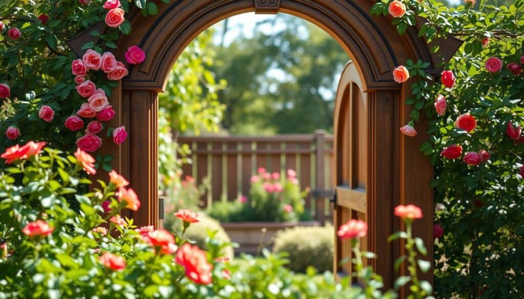 A beautifully crafted wooden archway designed for climbing roses, set in a lush garden environment. The archway features intricate carvings and a rustic finish, with delicate rose blossoms climbing up the sides, their petals a vibrant mix of reds and pinks. In the foreground, a well-tended flower bed flush with green foliage and colorful blooms contrasts with the wooden structure. The middle ground showcases the sturdy arch that frames the entrance, while the background reveals a soft-focus view of a tranquil garden space with gentle sunlight filtering through the leaves, creating an inviting and serene atmosphere. The scene is bathed in bright natural light, emphasizing the textures of the wood and the freshness of the roses, with a slight depth of field to draw attention to the archway. A beautifully crafted wooden archway designed for climbing roses, set in a lush garden environment. The archway features intricate carvings and a rustic finish, with delicate rose blossoms climbing up the sides, their petals a vibrant mix of reds and pinks. In the foreground, a well-tended flower bed flush with green foliage and colorful blooms contrasts with the wooden structure. The middle ground showcases the sturdy arch that frames the entrance, while the background reveals a soft-focus view of a tranquil garden space with gentle sunlight filtering through the leaves, creating an inviting and serene atmosphere. The scene is bathed in bright natural light, emphasizing the textures of the wood and the freshness of the roses, with a slight depth of field to draw attention to the archway.