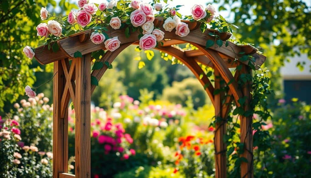 A beautifully crafted wooden garden arch, designed for climbing roses and vines, situated in a lush garden. In the foreground, the arch features intricately carved details and sturdy wooden beams, showcasing a natural weathered finish. Vines are gracefully climbing over the structure, with vibrant pink and white roses blossoming at the top. The middle ground includes a vibrant assortment of blooming flowers and greenery, creating a colorful and inviting atmosphere. In the background, a softly blurred garden scene with sunlight filtering through leaves enhances the serene mood. The image is illuminated by bright, natural light, with soft sunlight casting gentle shadows, emphasizing the texture of the wood. The angle is slightly elevated, creating a picturesque view of the arch and surrounding flora. A beautifully crafted wooden garden arch, designed for climbing roses and vines, situated in a lush garden. In the foreground, the arch features intricately carved details and sturdy wooden beams, showcasing a natural weathered finish. Vines are gracefully climbing over the structure, with vibrant pink and white roses blossoming at the top. The middle ground includes a vibrant assortment of blooming flowers and greenery, creating a colorful and inviting atmosphere. In the background, a softly blurred garden scene with sunlight filtering through leaves enhances the serene mood. The image is illuminated by bright, natural light, with soft sunlight casting gentle shadows, emphasizing the texture of the wood. The angle is slightly elevated, creating a picturesque view of the arch and surrounding flora.